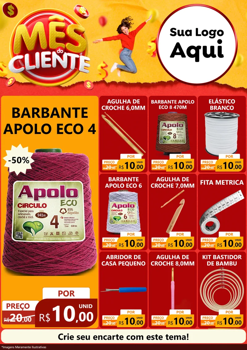 Modelo de Encarte para Encarte A4 Vertical com o tema Mês do Cliente para Armarinho e Aviamentos