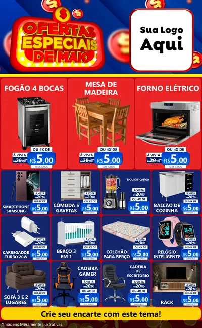Modelo de Encarte para Encarte Grande com o tema Ofertas Especiais de Maio para Móveis e Eletro