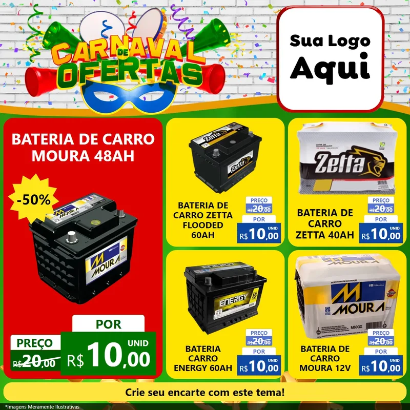 Modelo de Rede Social para Feed Facebook com o tema Carnaval de Ofertas para Baterias Elétricas