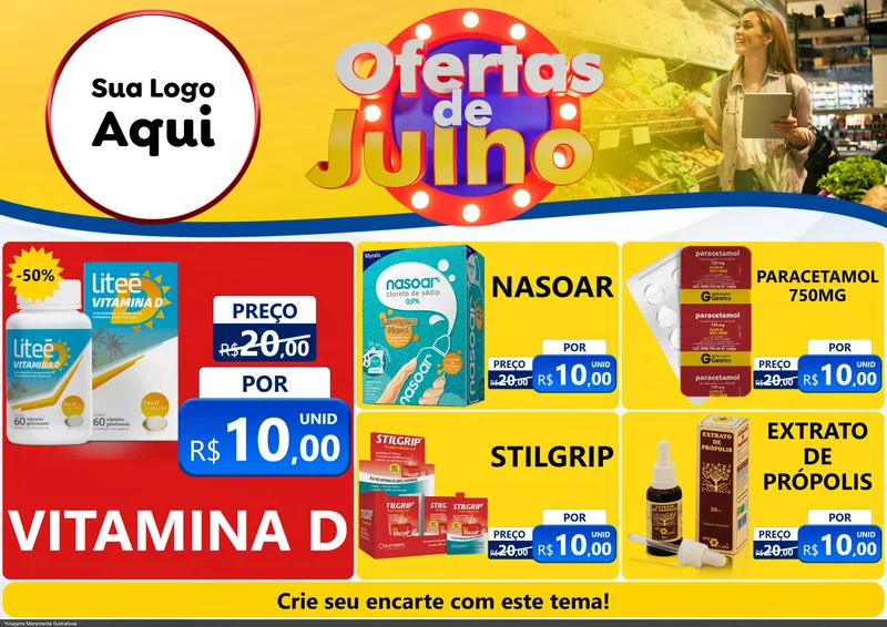 Modelo de Encarte para Encarte A4 Horizontal com o tema Ofertas de Julho para Farmácia