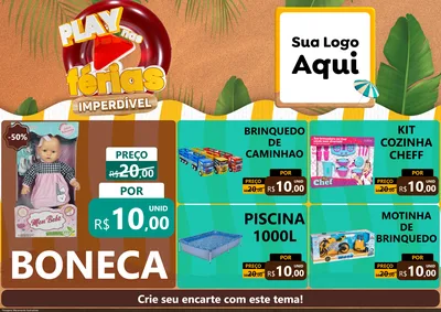 Modelo de Encarte para Encarte A4 Horizontal com o tema Play Nas Férias Imperdível para Brinquedos