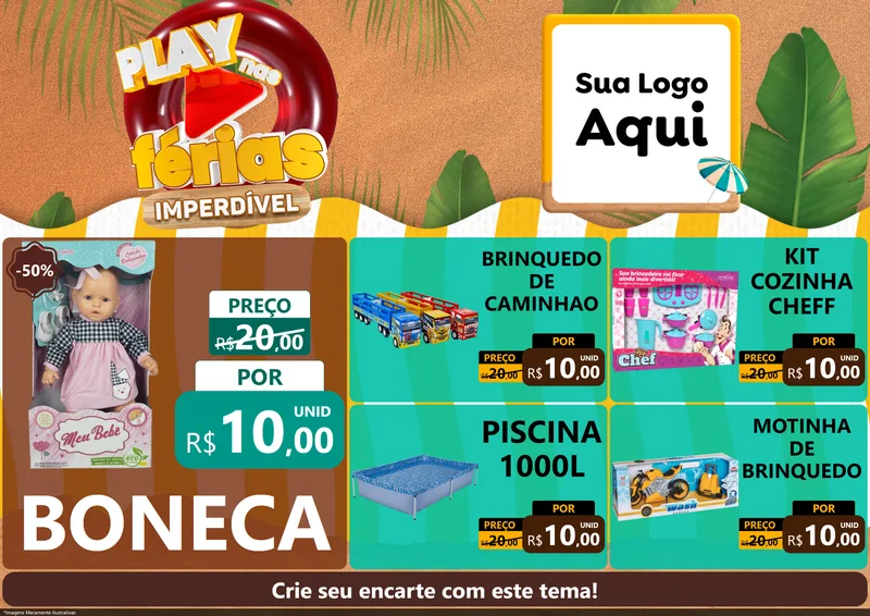 Modelo de Encarte para Encarte A4 Horizontal com o tema Play Nas Férias Imperdível para Brinquedos