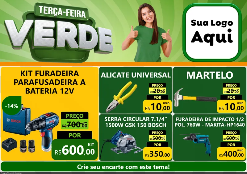Modelo de Encarte para Encarte A4 Horizontal com o tema Terça - Feira Verde para Maquinas e Ferramentas