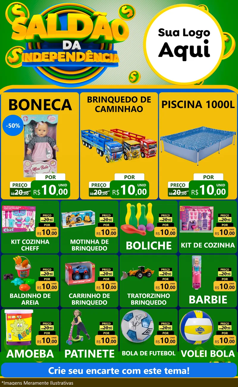 Modelo de Encarte para Encarte Grande com o tema Saldão da Indepêndencia para Brinquedos