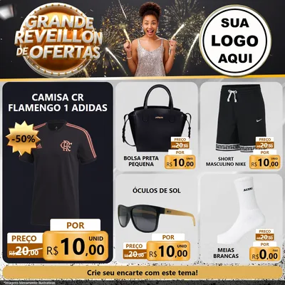 Modelo de Rede Social para Feed Facebook com o tema Grande Réveillon de Ofertas para Roupas e acessórios