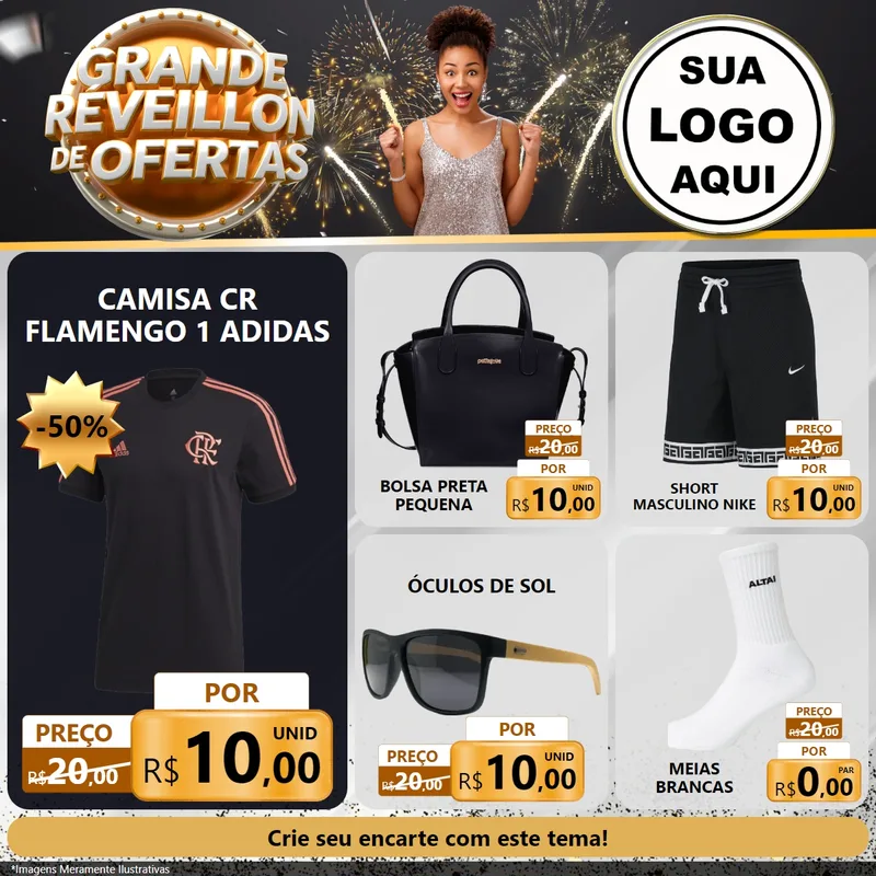 Modelo de Rede Social para Feed Facebook com o tema Grande Réveillon de Ofertas para Roupas e acessórios