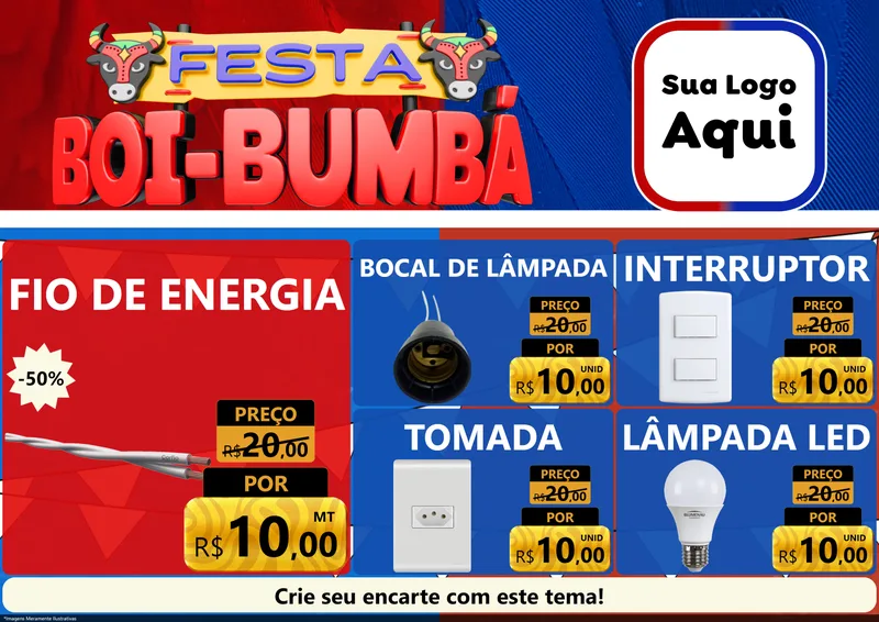 Modelo de Encarte para Encarte A4 Horizontal com o tema Festa Boi Bumbá para Materiais Elétricos