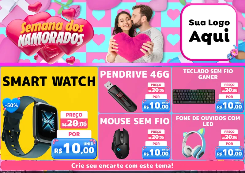 Modelo de Encarte para Encarte A4 Horizontal com o tema Semana dos Namorados para Informática