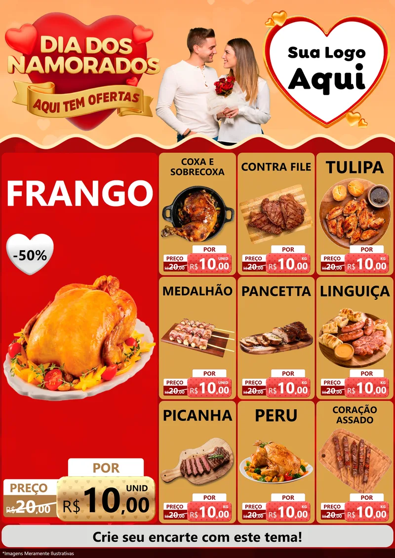 Modelo de Encarte para Encarte A4 Vertical com o tema Dia dos Namorados - Aqui Tem Ofertas para Assados