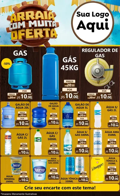 Modelo de Encarte para Encarte Grande com o tema Ofertas de São João - Junina para Água e gás