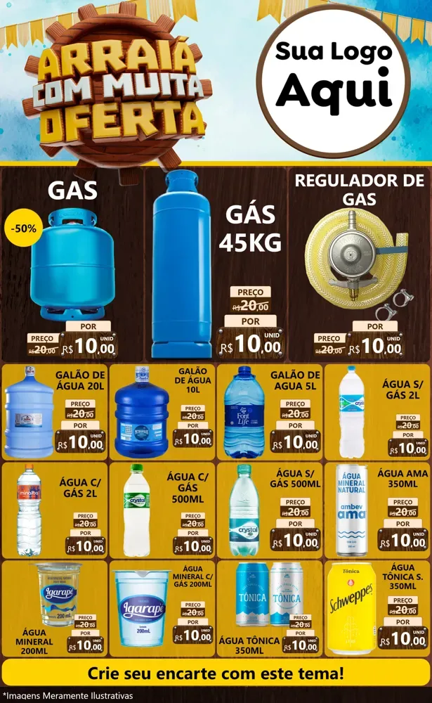 Modelo de Encarte para Encarte Grande com o tema Ofertas de São João - Junina para Água e gás