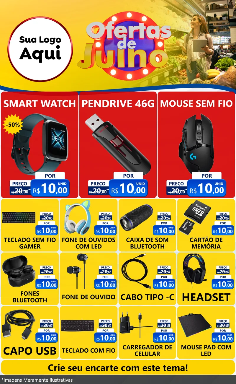 Modelo de Encarte para Encarte Grande com o tema Ofertas de Julho para Informática