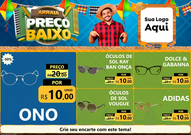Modelo de Encarte para Encarte A4 Horizontal com o tema Arraiá de Preço Baixo - Junina para Óticas