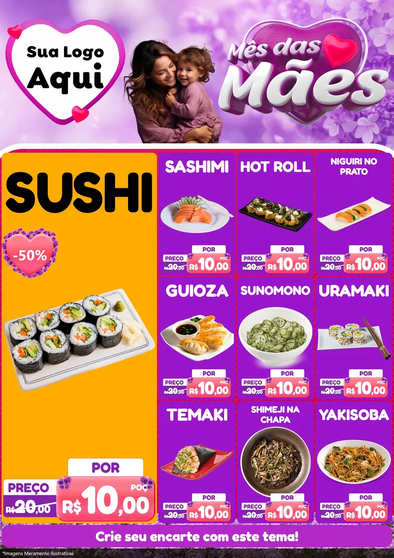 Modelo de Encarte para Encarte A4 Vertical com o tema Mês das Mães para Comida japonesa