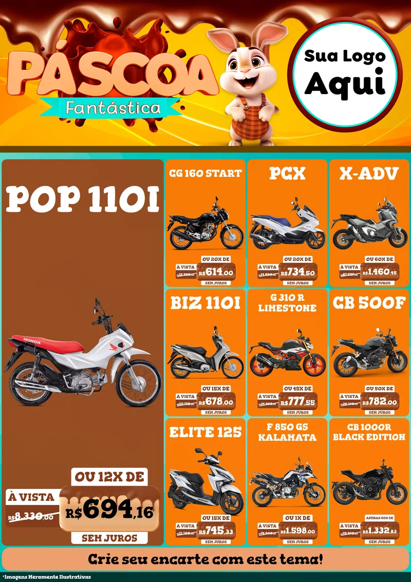 Modelo de Encarte para Encarte A4 Vertical com o tema Páscoa Fantástica para Concessionaria de Motos