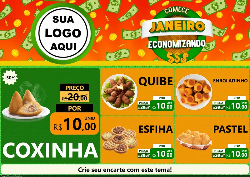 Modelo de Encarte para Encarte A4 Horizontal com o tema Comece Janeiro Economizando para Salgadaria