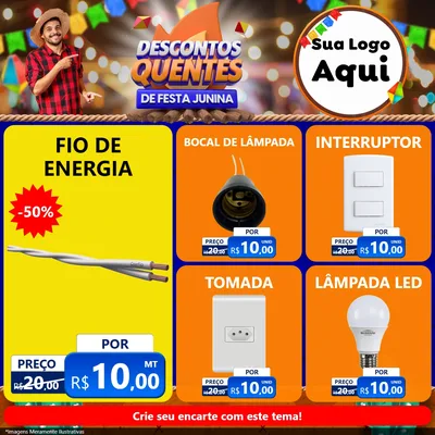 Modelo de Rede Social para Feed Facebook com o tema Descontos Quentes de Festa Junina para Materiais Elétricos