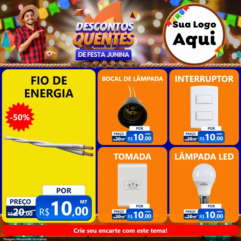 Modelo de Rede Social para Feed Facebook com o tema Descontos Quentes de Festa Junina para Materiais Elétricos