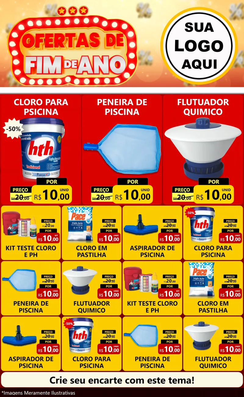 Modelo de Encarte para Encarte Grande com o tema Ofertas de Fim de Ano para Produtos para Piscina