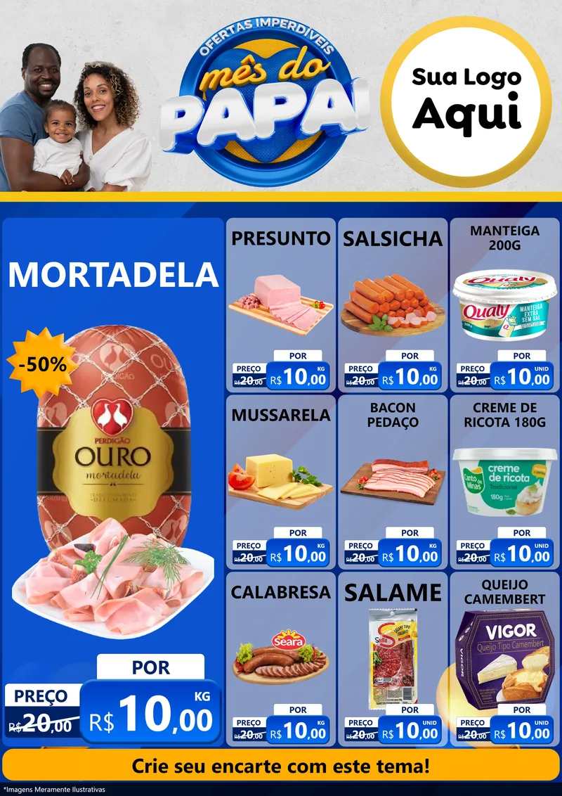Modelo de Encarte para Encarte A4 Vertical com o tema Ofertas Imperdíveis Mês Do Papai para Frios e Laticínios