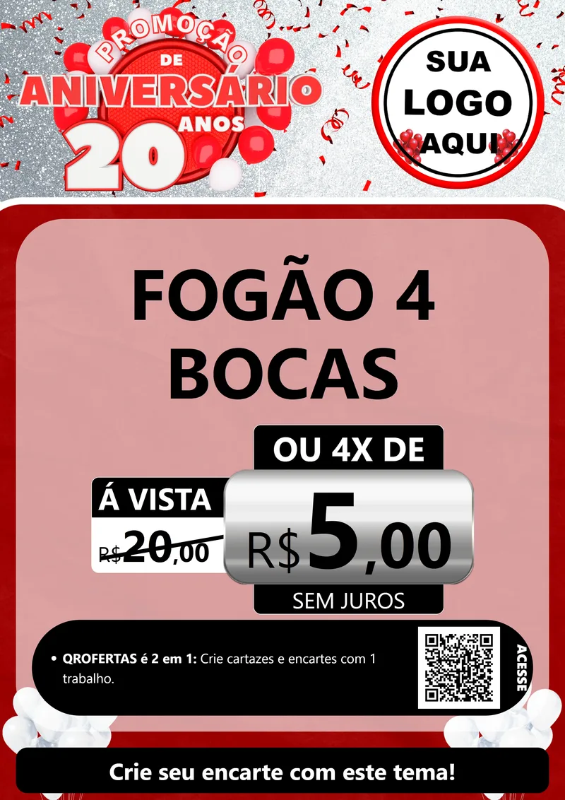 Modelo de Cartaz para Cartaz A4 Vertical com o tema Promoção de Aniversário - 20 Anos para Móveis e Eletro