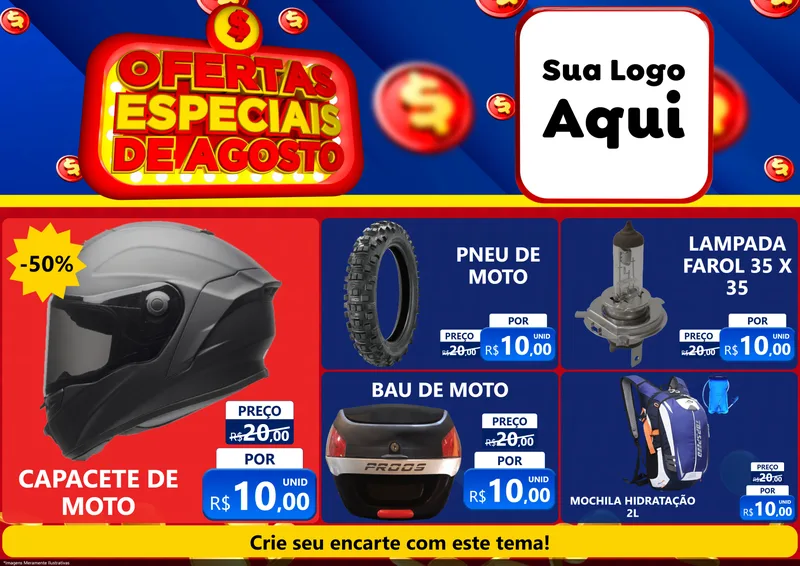 Modelo de Encarte para Encarte A4 Horizontal com o tema Ofertas Especiais de Agosto para Moto peças