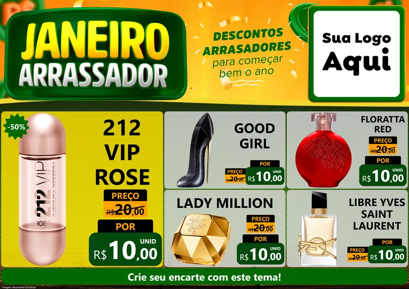Modelo de Encarte para Encarte A4 Horizontal com o tema Janeiro Arrasador para Perfumes