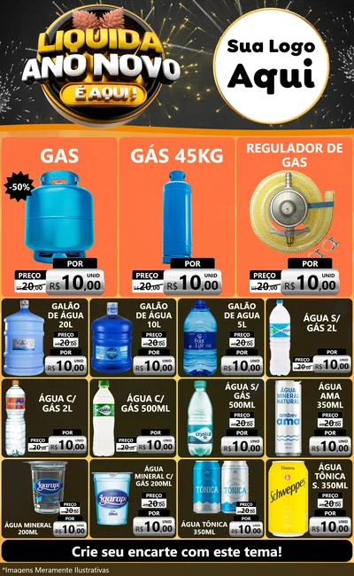 Modelo de Encarte para Encarte Grande com o tema Liquida Ano Novo É Aqui! para Água e gás