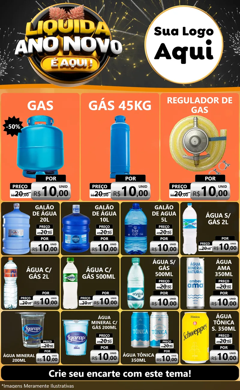 Modelo de Encarte para Encarte Grande com o tema Liquida Ano Novo É Aqui! para Água e gás