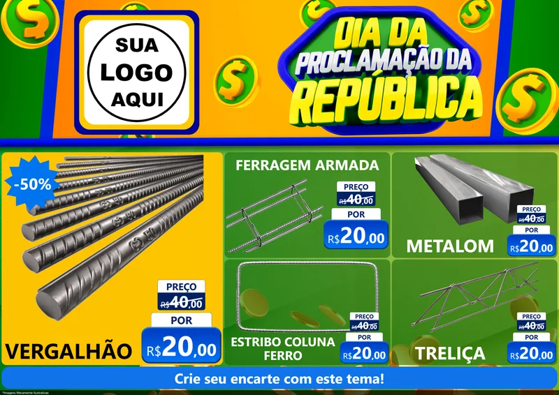 Modelo de Encarte para Encarte A4 Horizontal com o tema Dia Da Proclamação da República para Ferragens