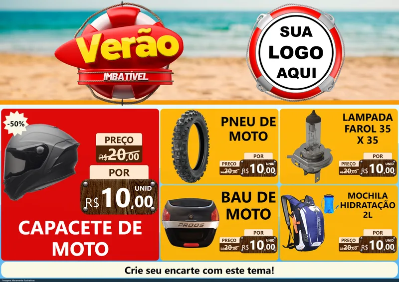 Modelo de Encarte para Encarte A4 Horizontal com o tema Verão Imbatível para Moto peças