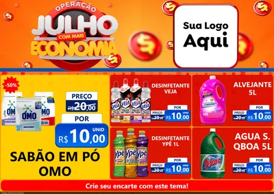 Modelo de Encarte para Encarte A4 Horizontal com o tema Operação Julho Com Mais Economia para Produtos de Limpeza