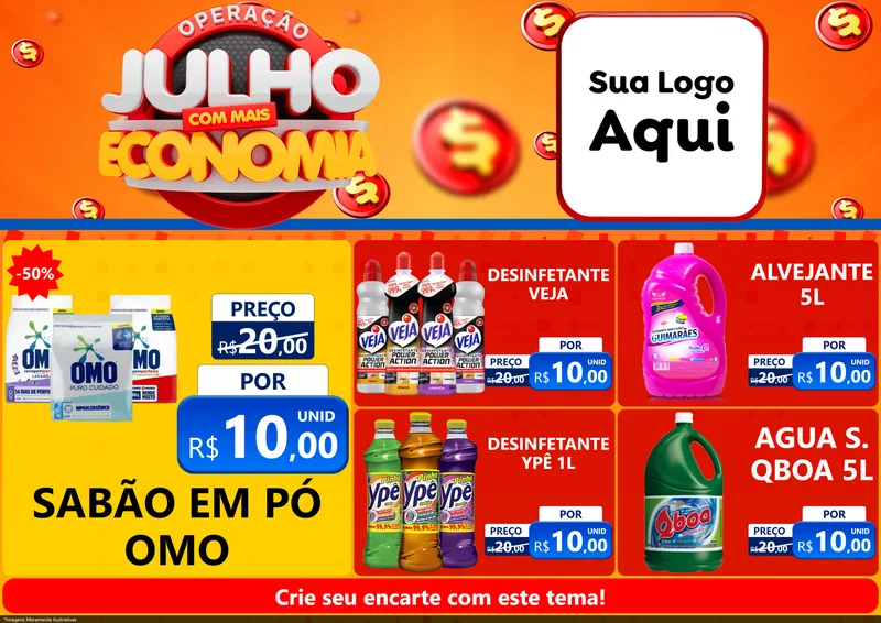 Modelo de Encarte para Encarte A4 Horizontal com o tema Operação Julho Com Mais Economia para Produtos de Limpeza