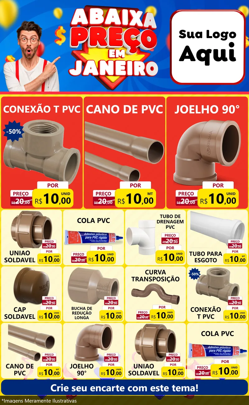 Modelo de Encarte para Encarte Grande com o tema Abaixa Preço em Janeiro para Tubos e conexões