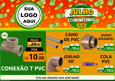 Modelo de Encarte para Encarte A4 Horizontal com o tema Comece Julho Economizando para Tubos e conexões