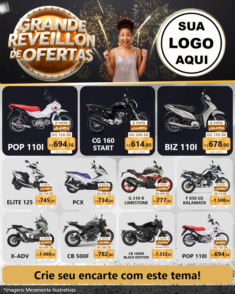 Modelo de Rede Social para Feed Instagram com o tema Grande Réveillon de Ofertas para Concessionaria de Motos