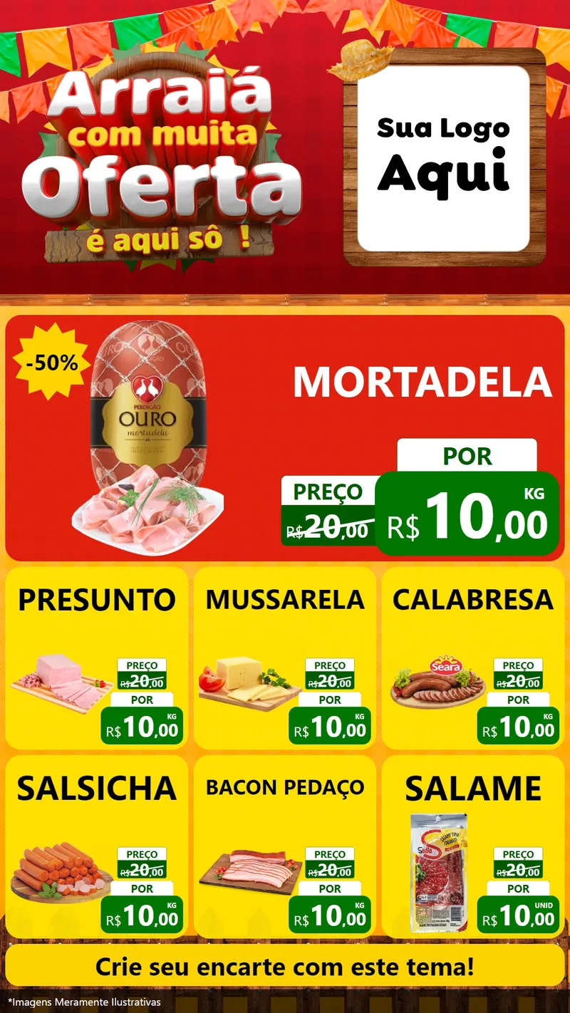 Modelo de Rede Social para Stories com o tema Arraiá Com Muita Oferta - É Aqui Sô! para Frios e Laticínios