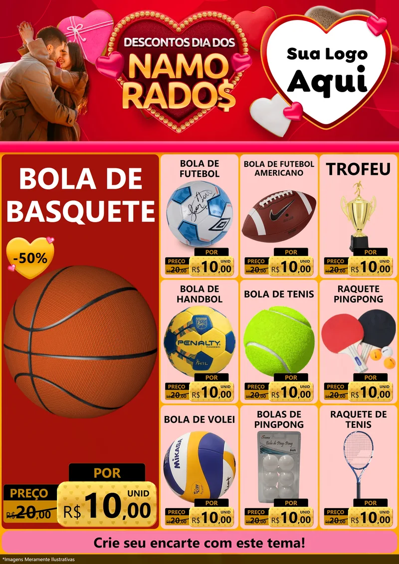 Modelo de Encarte para Encarte A4 Vertical com o tema Descontos Dia dos Namorados para Artigos Esportivos