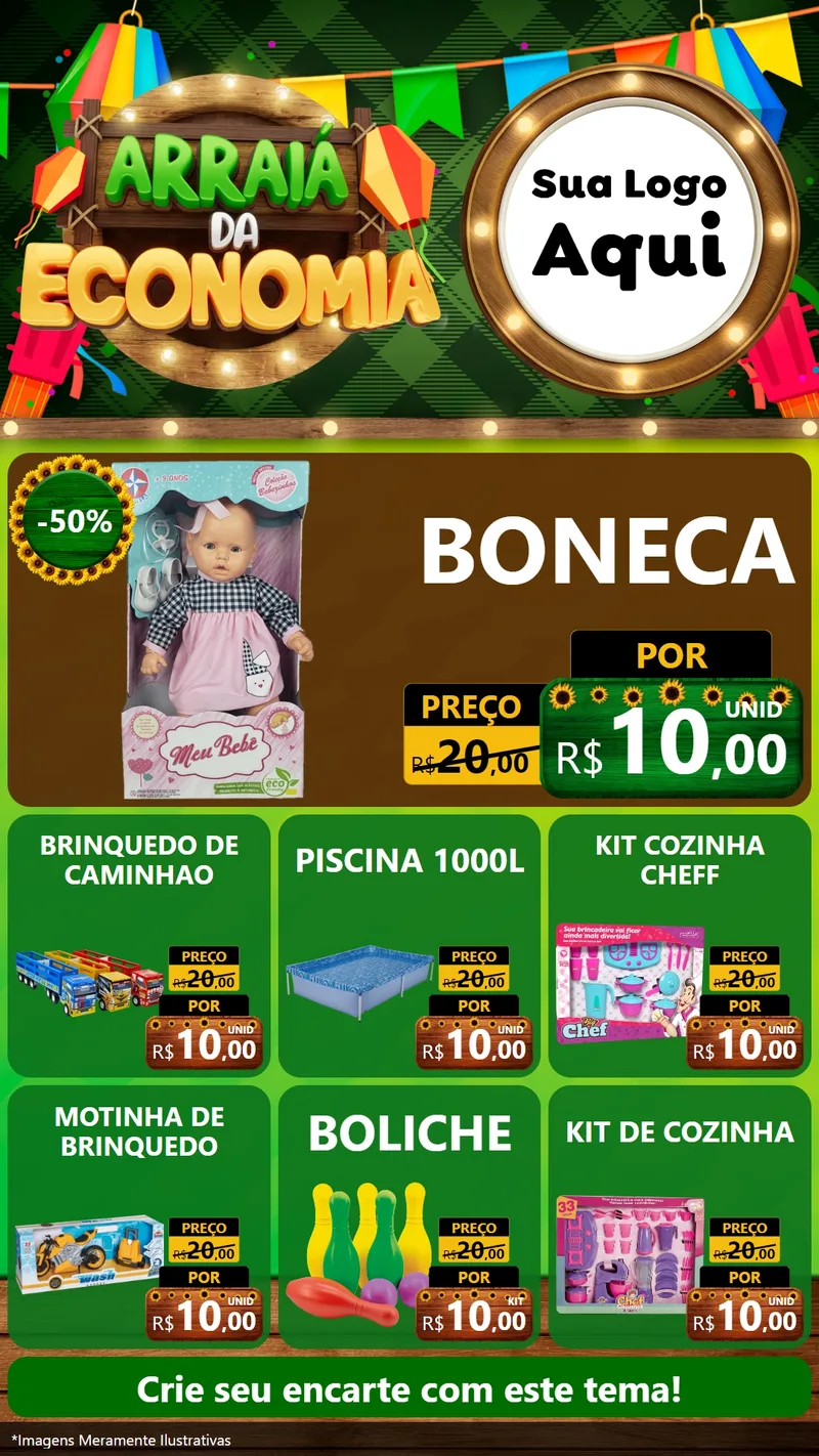 Modelo de Rede Social para Stories com o tema Arraiá de Economia para Brinquedos