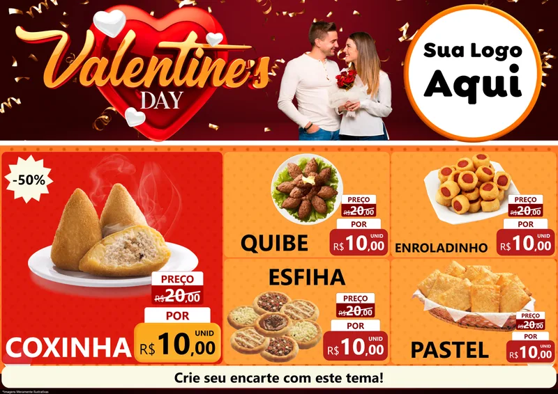 Modelo de Encarte para Encarte A4 Horizontal com o tema Valentine's Day para Salgadaria