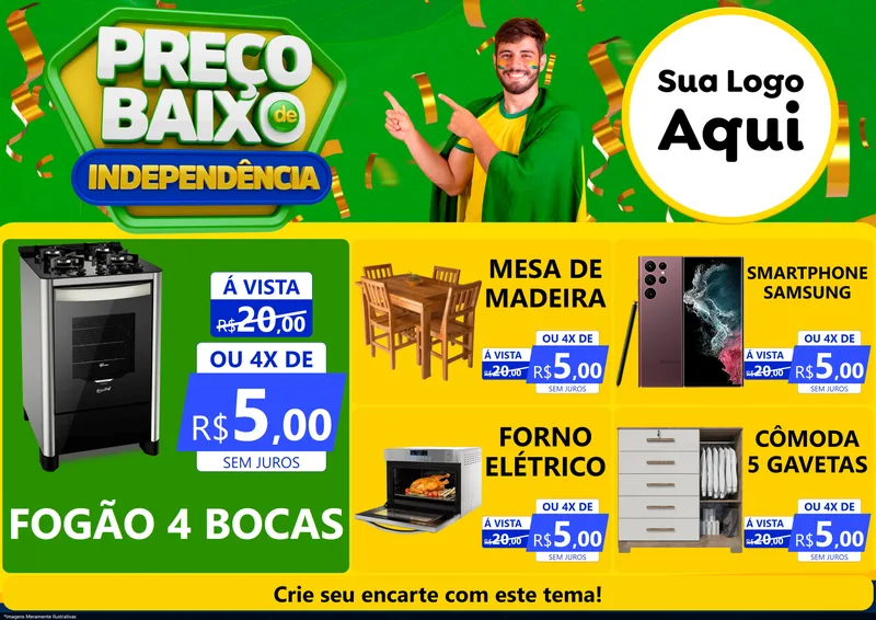 Modelo de Encarte para Encarte A4 Horizontal com o tema Preço Baixo de Independência para Móveis e Eletro