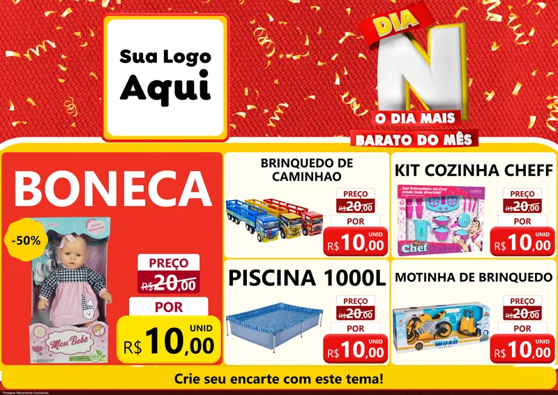 Modelo de Encarte para Encarte A4 Horizontal com o tema Dia N o Dia Mais Barato do Mês para Brinquedos
