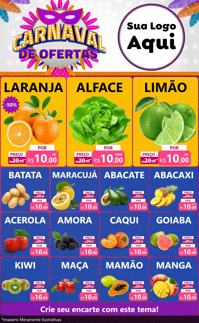 Modelo de Encarte para Encarte Grande com o tema Carnaval de Ofertas para Hortifrúti