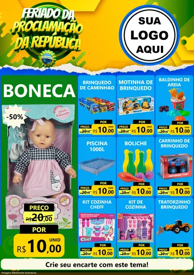 Modelo de Encarte para Encarte A4 Vertical com o tema Feriado da Proclamação da República para Brinquedos