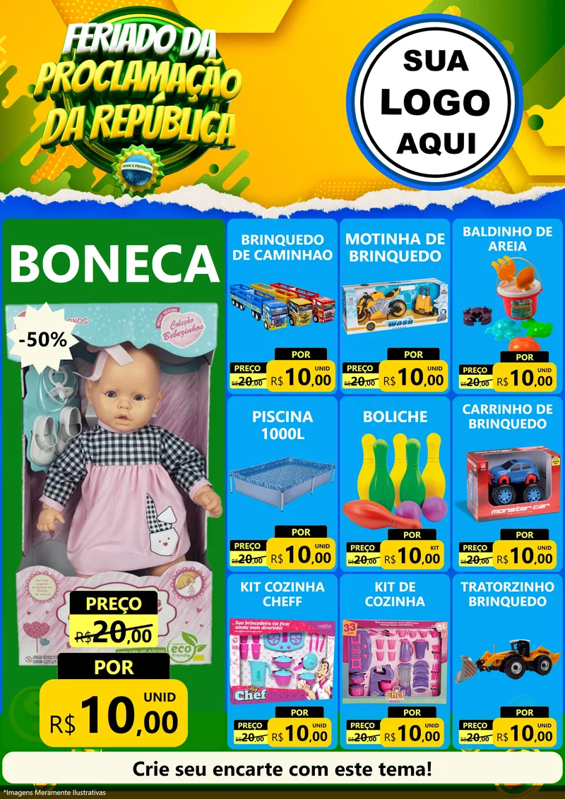 Modelo de Encarte para Encarte A4 Vertical com o tema Feriado da Proclamação da República para Brinquedos