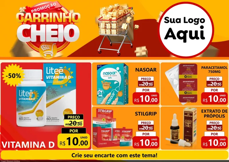 Modelo de Encarte para Encarte A4 Horizontal com o tema Promoção carrinho cheio para Farmácia