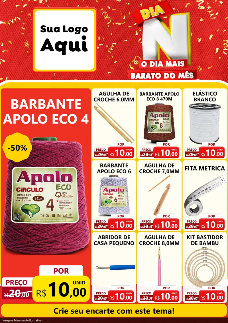 Modelo de Encarte para Encarte A4 Vertical com o tema Dia N o Dia Mais Barato do Mês para Armarinho e Aviamentos