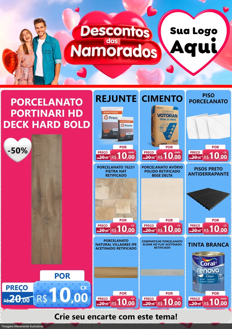 Modelo de Encarte para Encarte A4 Vertical com o tema Descontos dos Namorados para Pisos e revestimentos