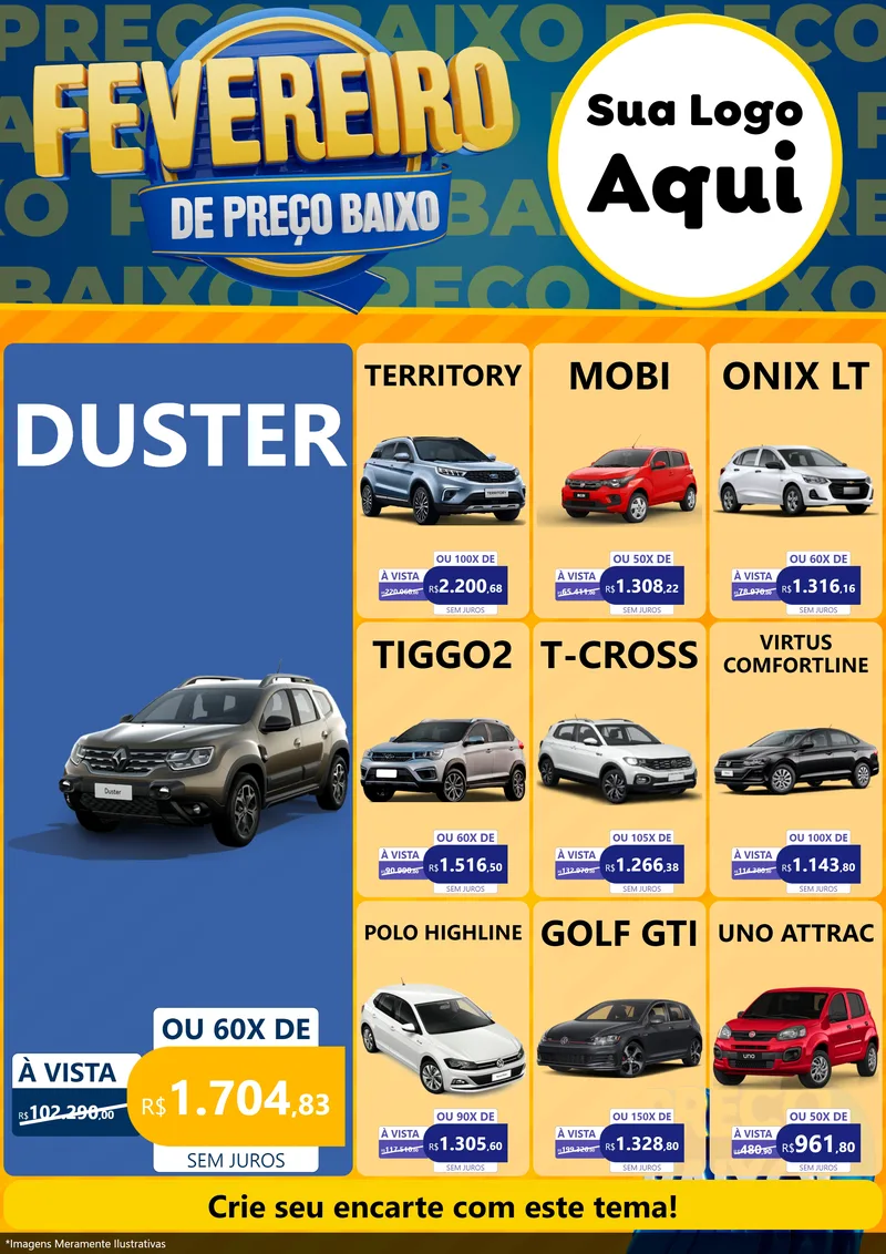 Modelo de Encarte para Encarte A4 Vertical com o tema Fevereiro de Preço Baixo para Concessionaria de Carros