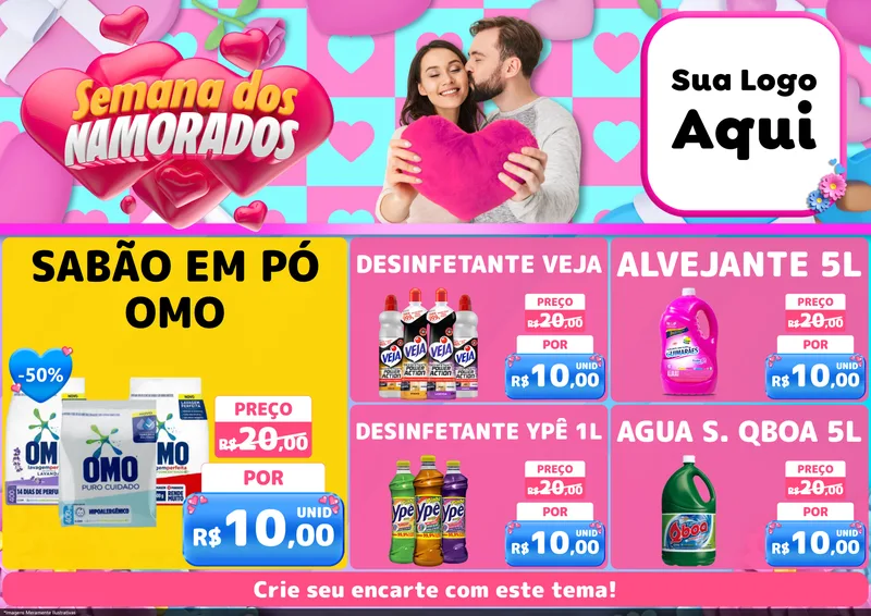 Modelo de Encarte para Encarte A4 Horizontal com o tema Semana dos Namorados para Produtos de Limpeza
